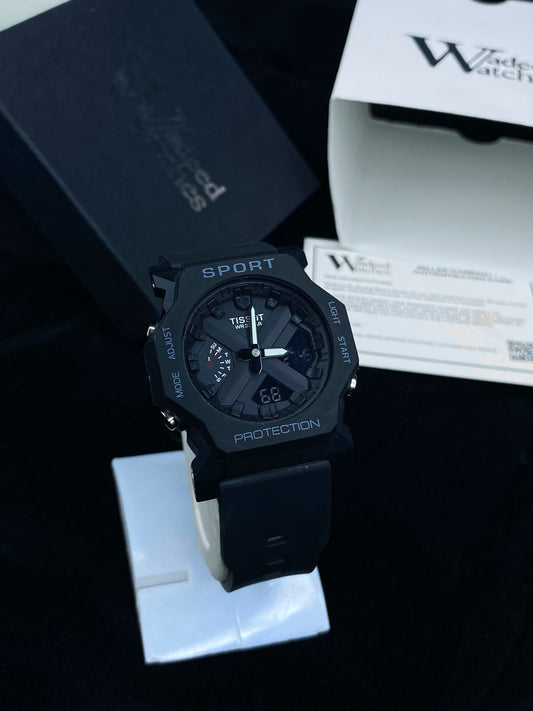 Black sports watch with digital display on a dark background