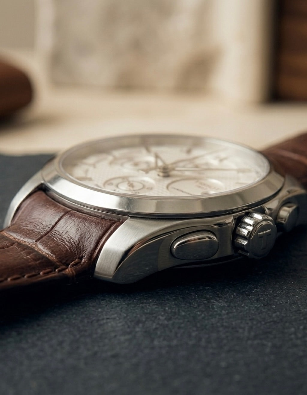 Versatile Chronongraph Working Watch Leather Strap (Brown Silver)