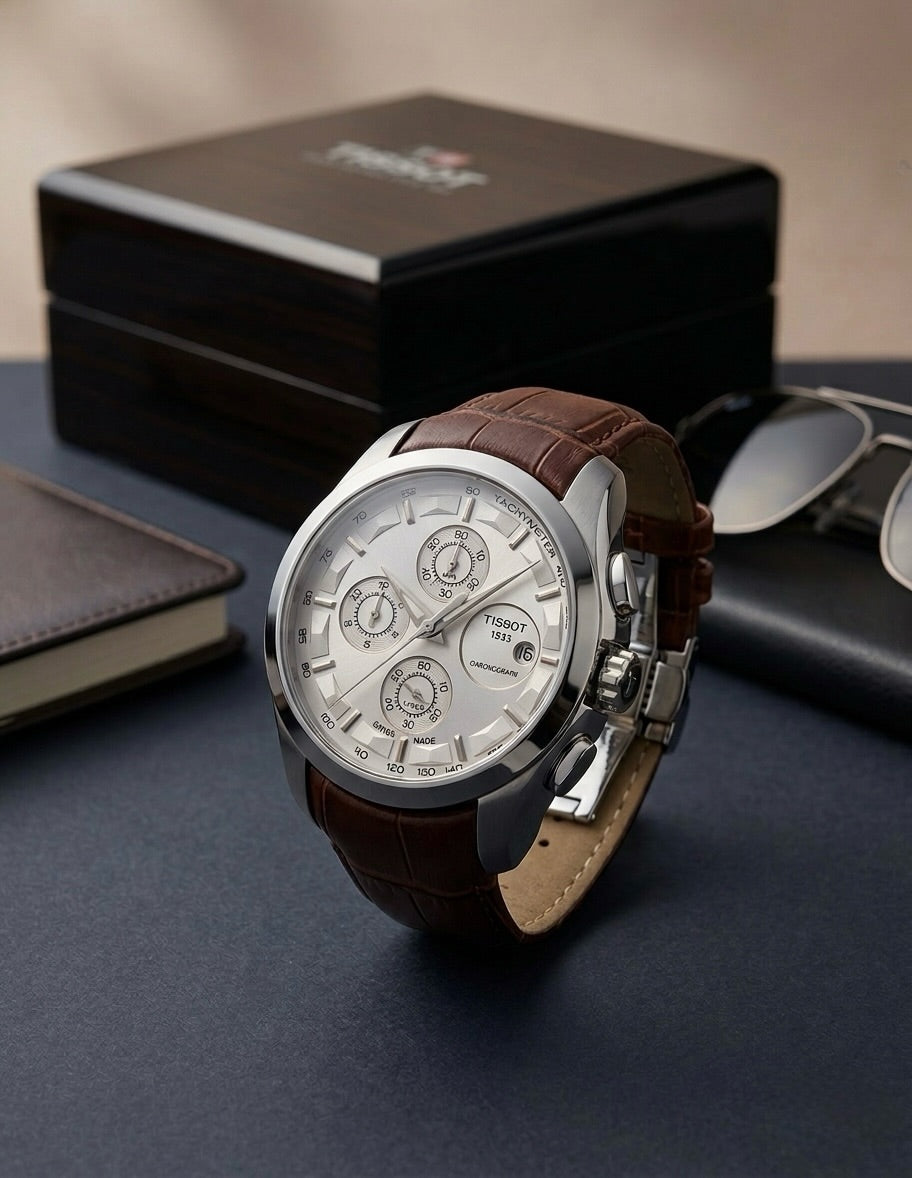 Versatile Chronongraph Working Watch Leather Strap (Brown Silver)