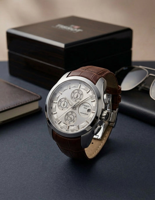 Versatile Chronongraph Working Watch Leather Strap (Brown Silver)