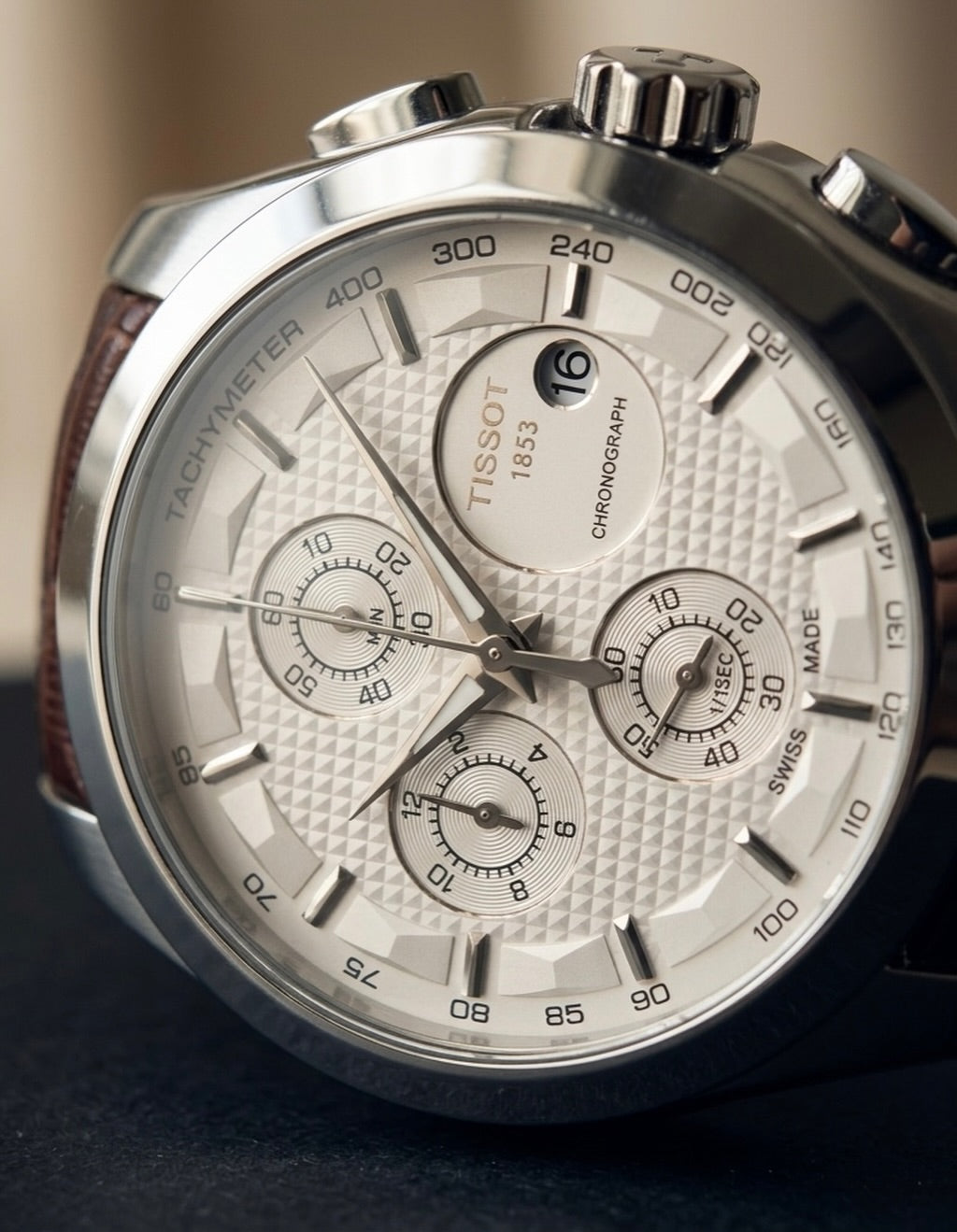 Versatile Chronongraph Working Watch Leather Strap (Brown Silver)
