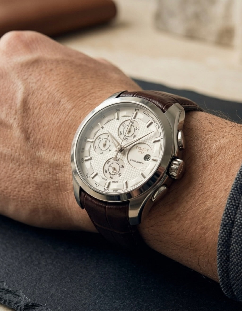 Versatile Chronongraph Working Watch Leather Strap (Brown Silver)