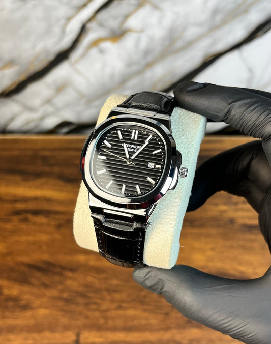 Patek Nautilus Leather Strap (Silver Black)