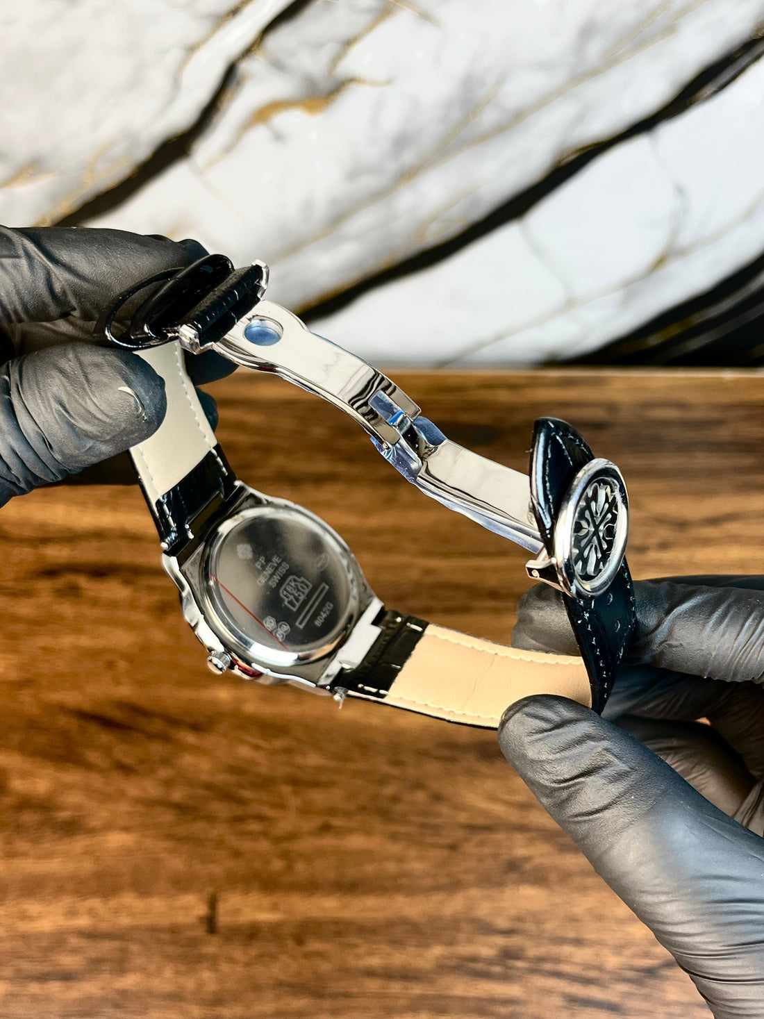 Patek Nautilus Leather Strap (Silver Black)