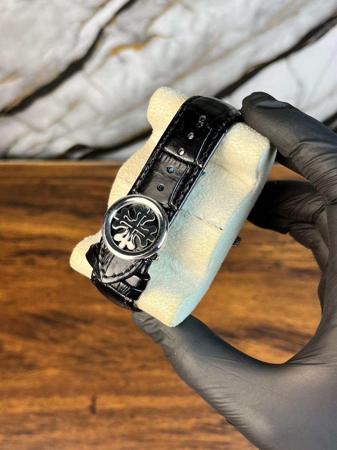 Patek Nautilus Leather Strap (Silver Black)